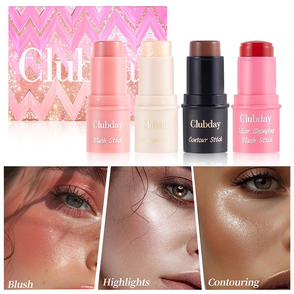 4PCS Clubday Q Matte Jelly Blush Rouge All-in-One Makeup Facial Contour Grooming Brightening Stick