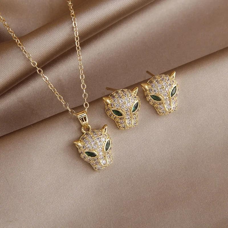 Neue Sight Luxus Zirkonia Leopard Ohrstecker für Damen Kristall Tier Anhänger Halsketten Offene Ringe Mode Schmuckset