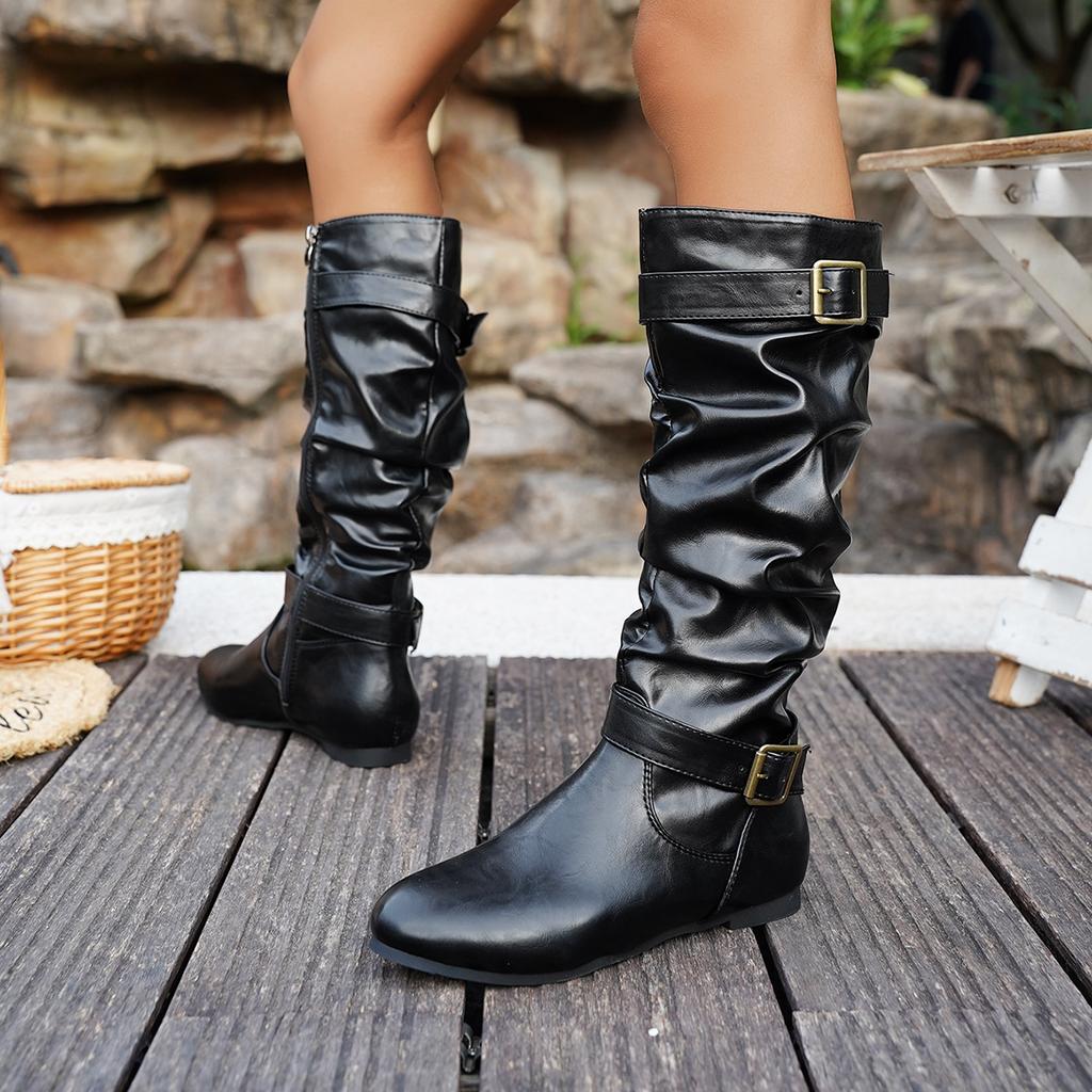 Fall/Winter 2025 New Large Size Round Toe Stacked Boots Women's Belt Buckle Stylish and Comfortable Slip-On Martin Boots