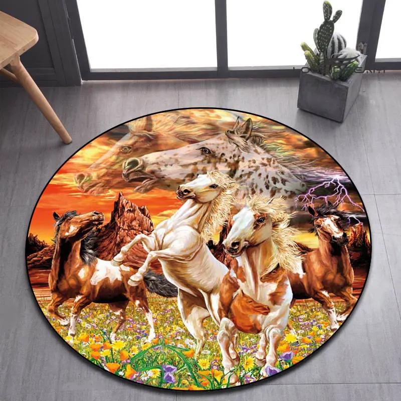 3D Running Horses Round Carpet Non-slip Mat Luxury Wild Horse Area Rug for Game Room Bedroom Decoration