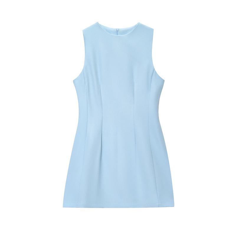 European & American Style Women's Sleeveless Fluffy Dress - Solid Color, Round Neck, Short Length (2025)