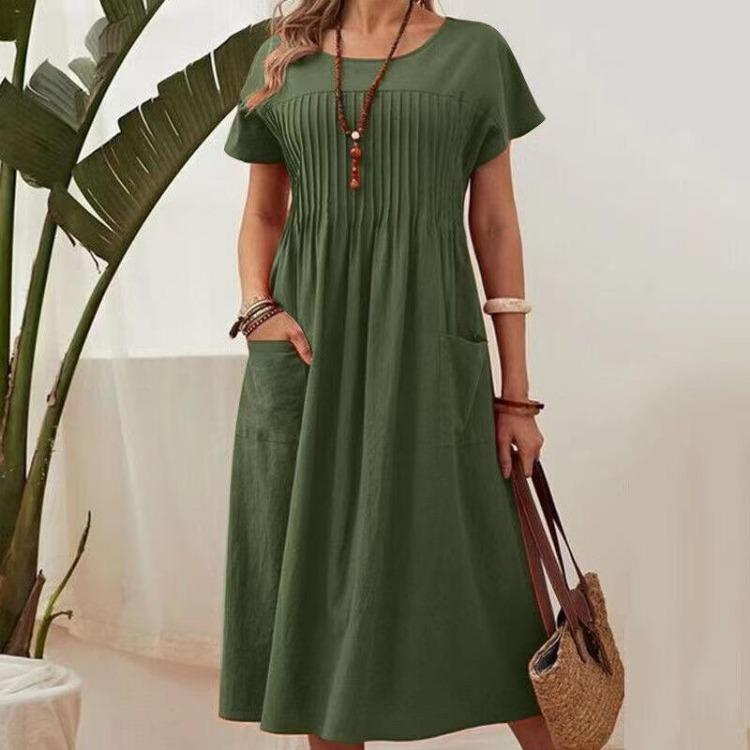 Women's Plus Size Cotton Linen Summer Dress Short Sleeve Round Neck Solid Color Pleated Pocket S-5XL