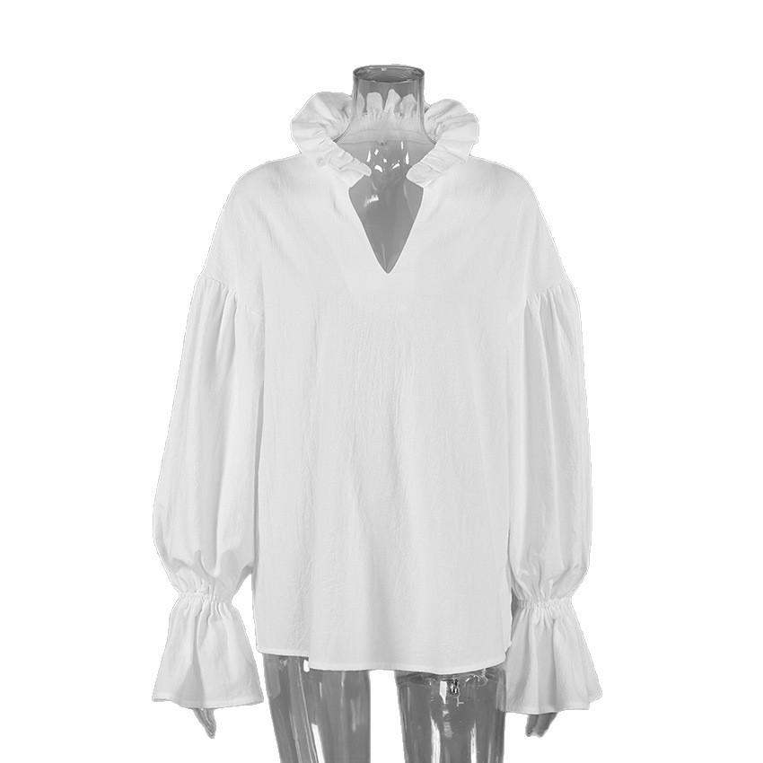 Court style pure cotton wrinkled white shirt women's 1116 spring high-end loose v-neck bubble sleeve long-sleeved top
