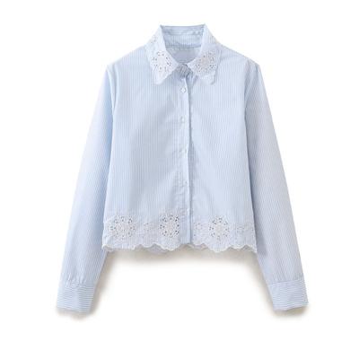 Ropa de Mujer al por Mayor Nueva Moda Versátil Hueca Bordada Rayada Camisa Corta para Mujer