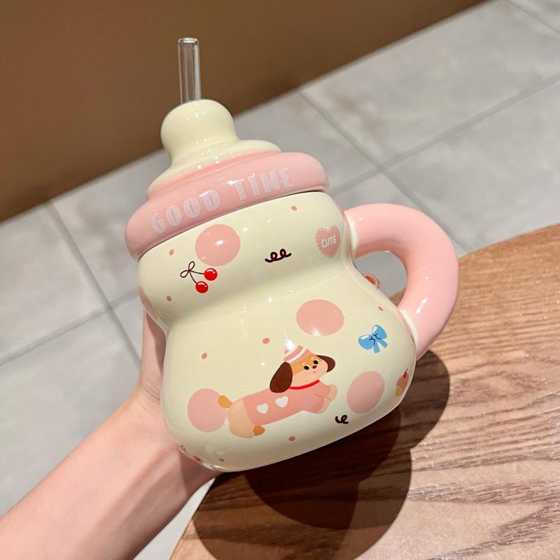 

Cute dachshund straw cup high-value ceramic drinking cup couple mug with lid for girls birthday gifts 401-500ml