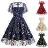 Women Evening Dress Double-layer Flower Embroidery Mesh A-line Big Swing Short Sleeves O Neck Back Zipper Closure Prom Party Midi Dress