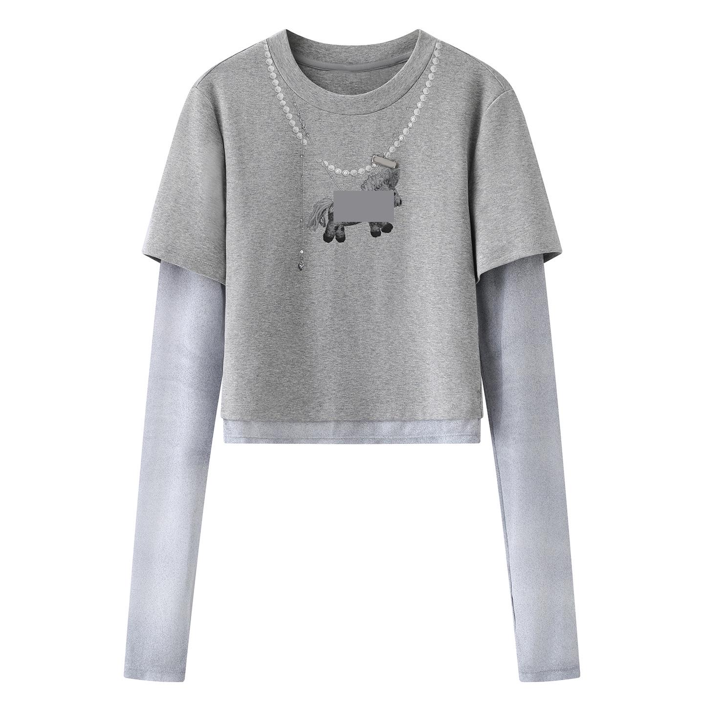 2026 Spring Women s Designer Horse Print Pearl Necklace Layered T-shirt Medium серый