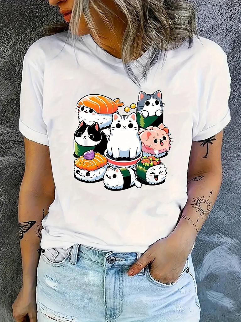 Cartoon Sushi Cat Pattern Print Women's Fashion Trendy T-shirt Round Neck Short Sleeve Simple Casual Sports T-shirt