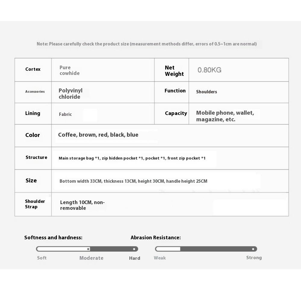 Bag Women's Large Capacity Leather Women's Bag Tote Bag Women's Cowhide Handheld Shoulder Crossbody Bag