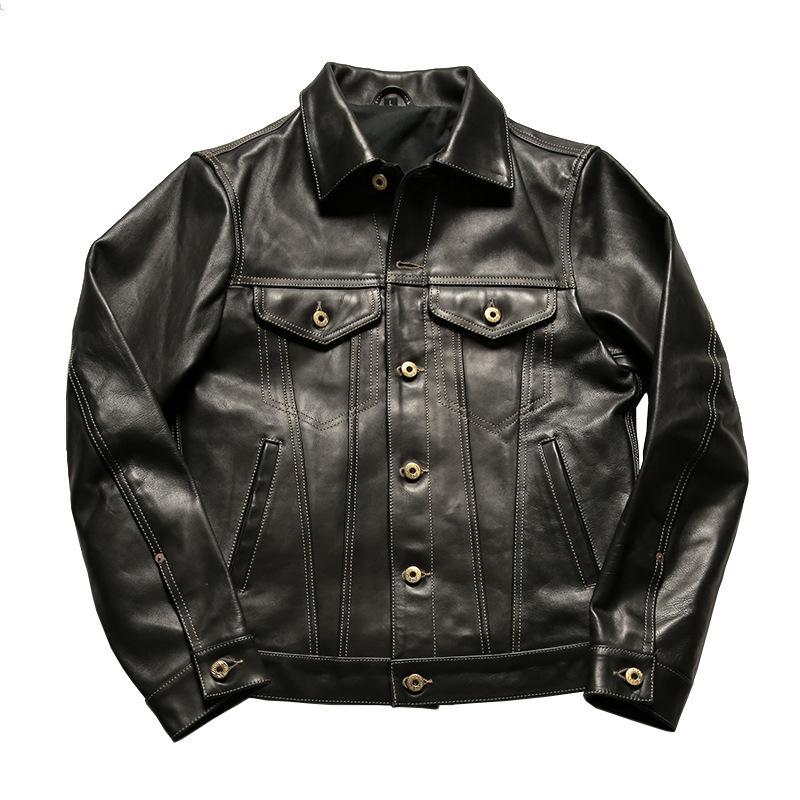 Vegetable tanned oil wax cowhide leather jacket men's retro lapel locomotive replica denim leather jacket
