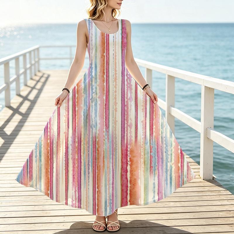 Women's Sleeveless Maxi Dress Watercolor Stripes Lightweight Long Dress for Beach Vacation,Daily Wear,Urban Casual & Elegant Wear