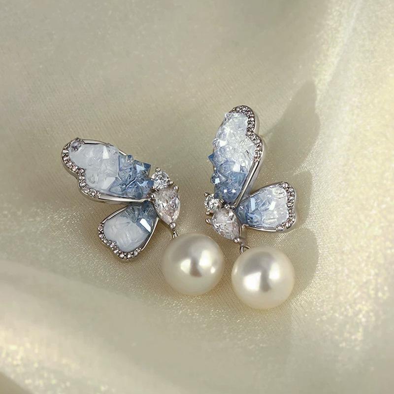 Light Blue Butterfly Pearl Earrings - Elegant French Niche Design