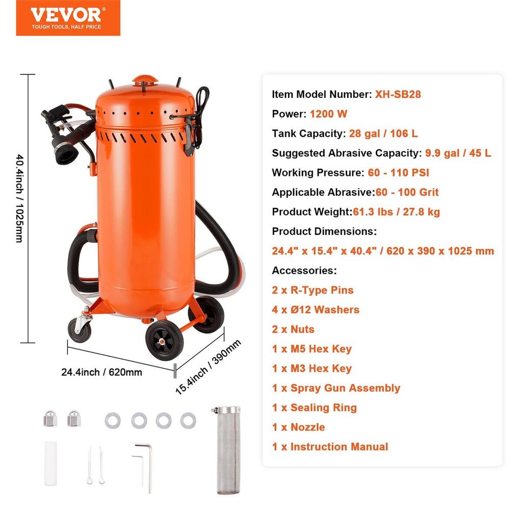 28 Gal Vacuum Sand Blaster Dustless Sandblaster with 1200W Vacuum System