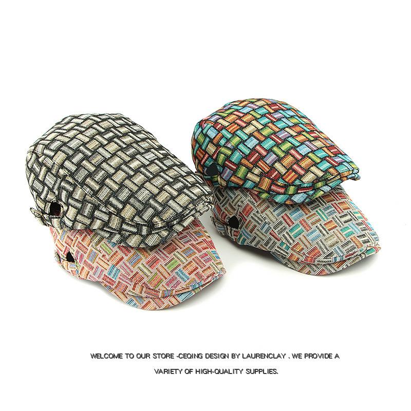 Spring Autumn Hat Women's Retro Plaid Beret Color Block British Peaked Cap