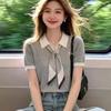 La Chapelle Women's Korean Style POLO Collar Embroidered Knit Top