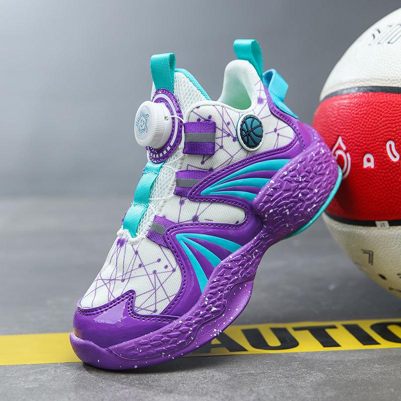 Breathable mesh children's basketball shoes 2025 spring and summer new classmates rotating button children's sneakers non-slip sneakers