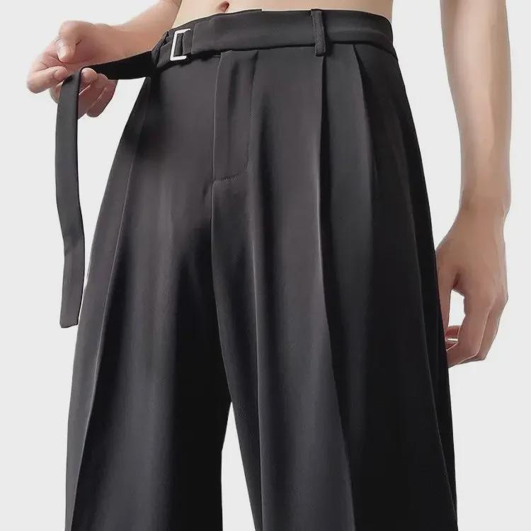 Men's Spring Japanese-Style Black Wide-Leg Trousers - Light Luxury Drape, Loose Fit, Straight-Cut.
