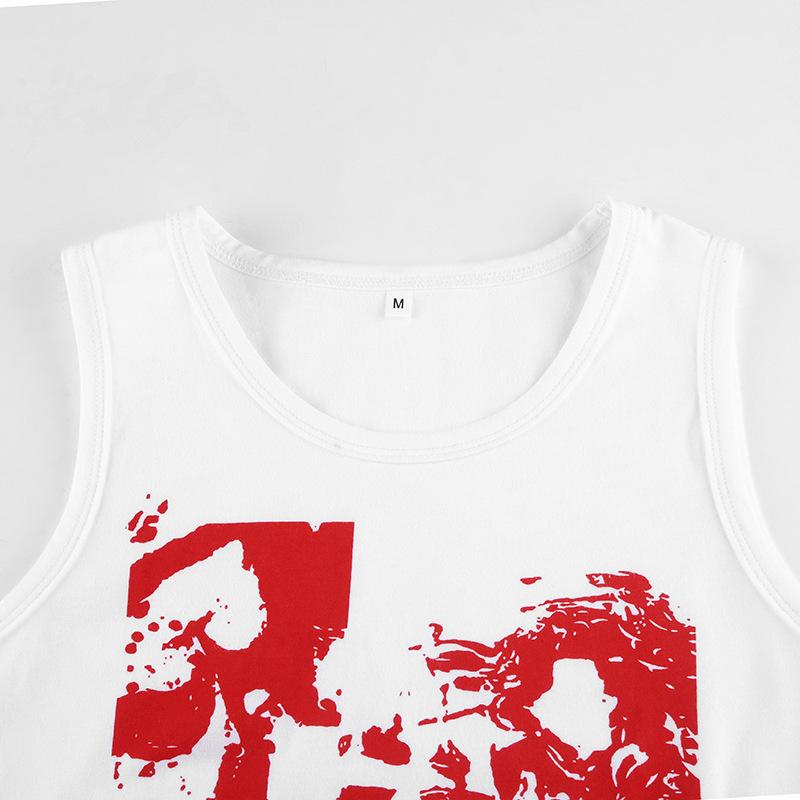 Summer European and American Spicy Girl Style Street Exposed Navel Abstract Print INS Round Neck Basic Vest