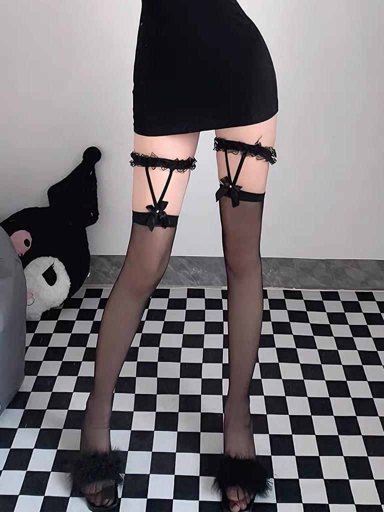 1 Pair Sexy Black Silk Lace Suspender Thigh-High Socks for Women, Suitable for Date Outfits/Office Commute/Girls Gathering/Birth