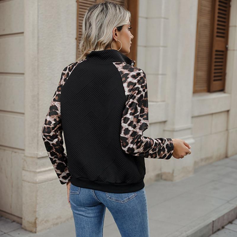 Women's Fashion Casual Spring Fall Leopard Print Long Sleeve Half Turtleneck Blouses  Shirts