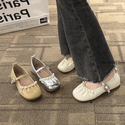 2024 Autumn Women's Flat Shoes Fashionable Pleated Round Toe Shallow Mouth Slip-on Pearl Ballet Shoes Flat Heel Mary Jane Shoes