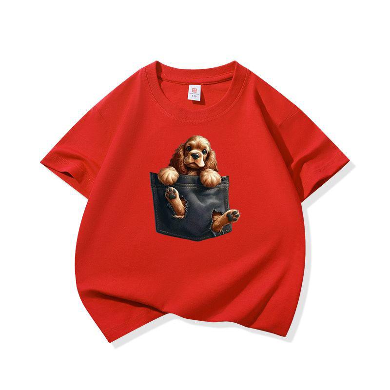 Kids Cotton T Shirt Charming Pocket Cocker Spaniel Dog Print Crew Neck Short Sleeve Tee Casual Breathable Boys Girls Summer Tops