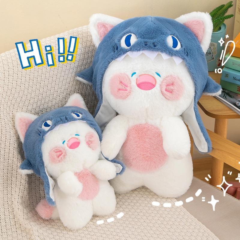 Creative Shark Cat Plushie with Removable Hat Cute Hooded Animal Cat Plush Toy Doll for Cosplay Birthday Gift