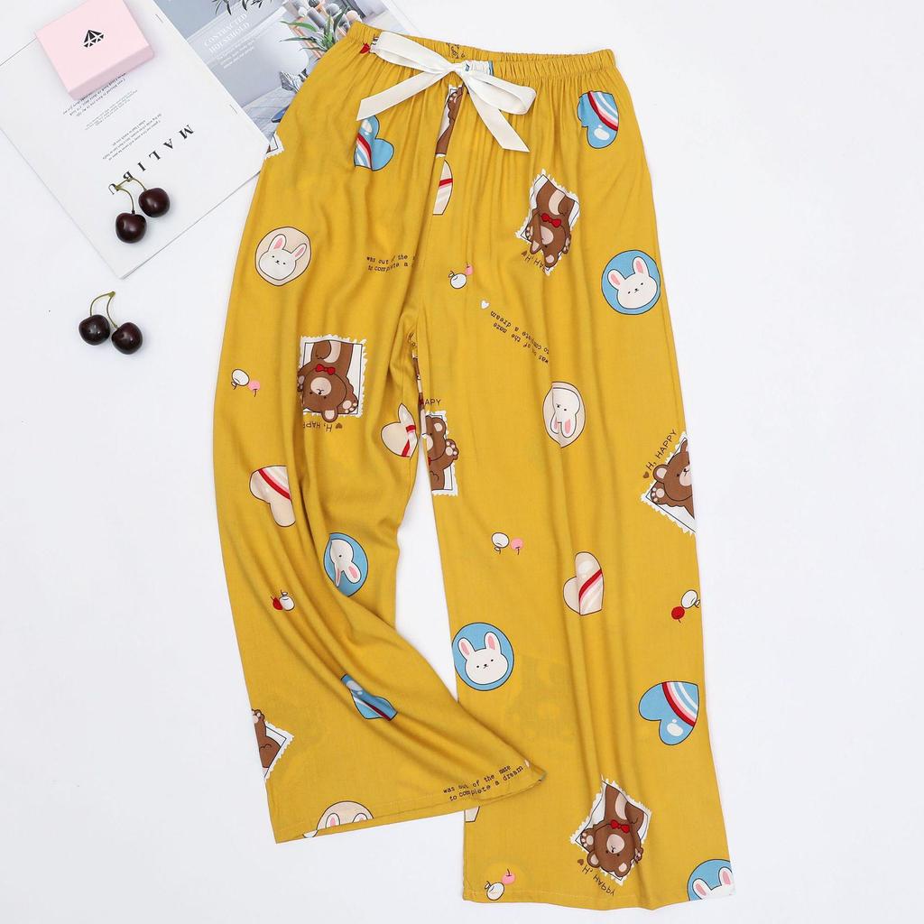 Women's Cotton-Silk Cartoon Pajama Pants, Summer Thin, Black & White Wide-Leg, Plus Size, Outdoor Beach Wear.