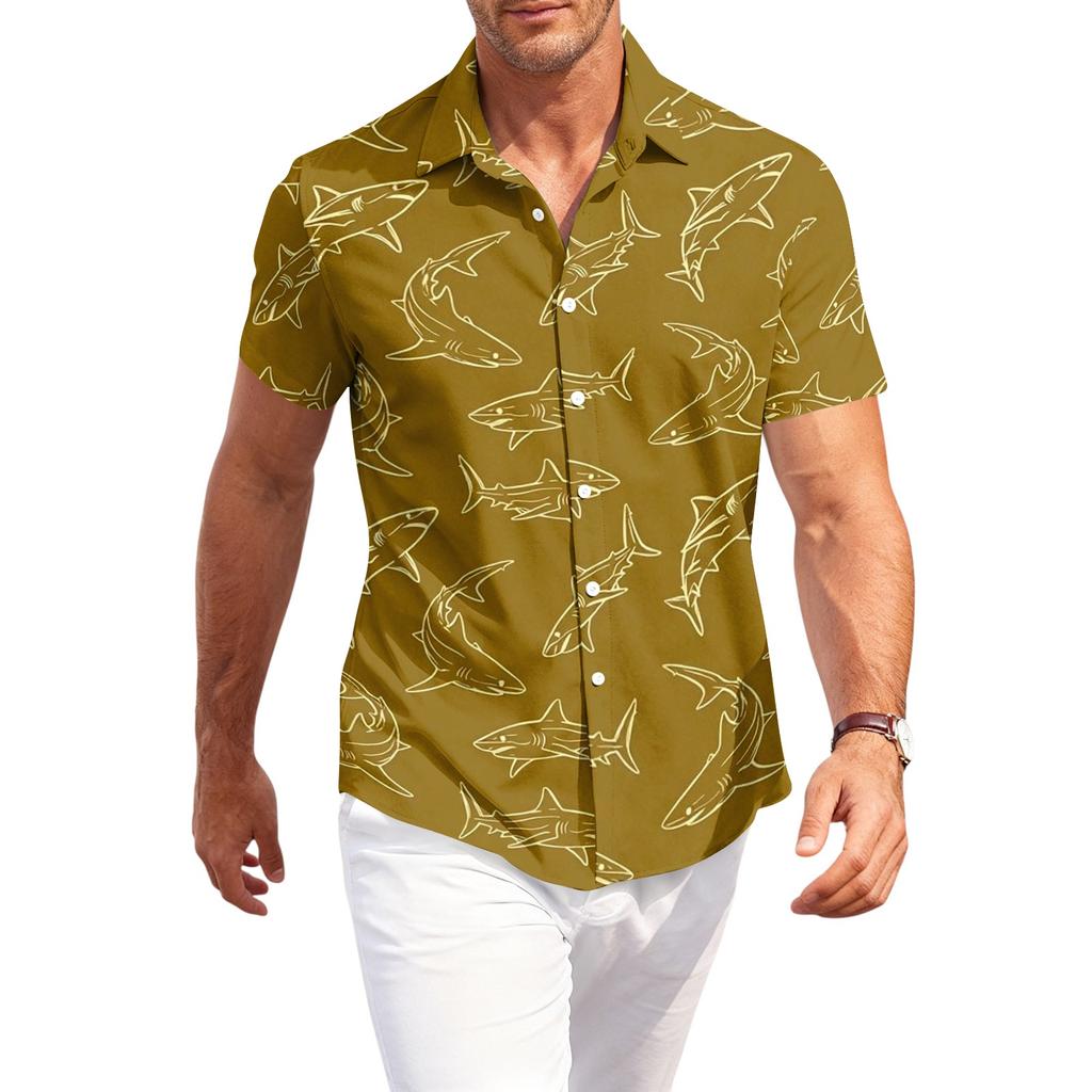 Men's Casual Loose Fit Short Sleeve Hawaiian Shirt Button Down Lightweight Summer Beach Shirt with Shark Print Design