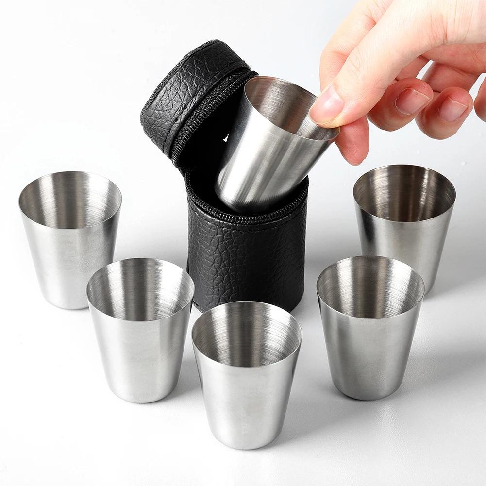 4Pcs Set Outdoor Practical Travel Stainless Steel Cups Shots For Whisky Wine With Leather Cover Bag Portable Drinkware Mini Set