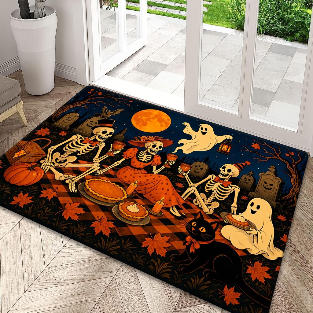 1pc Flannel Skull Ghost Pumpkin Pie Halloween Style Door Mat, Indoor Non-Slip Carpet, Machine Washable And Fade-Resistant, Soft And Comfortable Durabl