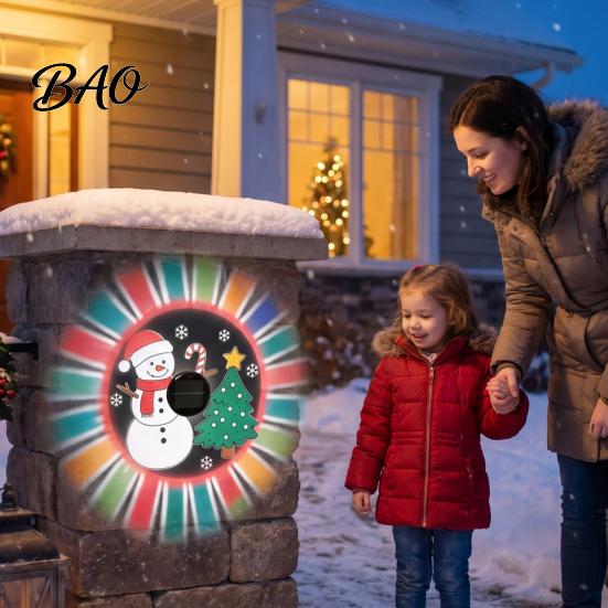Christmas Tree Projection Lights Outdoor Solar Fence Light, Waterproof Cute Snowman Xmas Decorative Hollow Metal Lamps Projector Wall Light for Garden