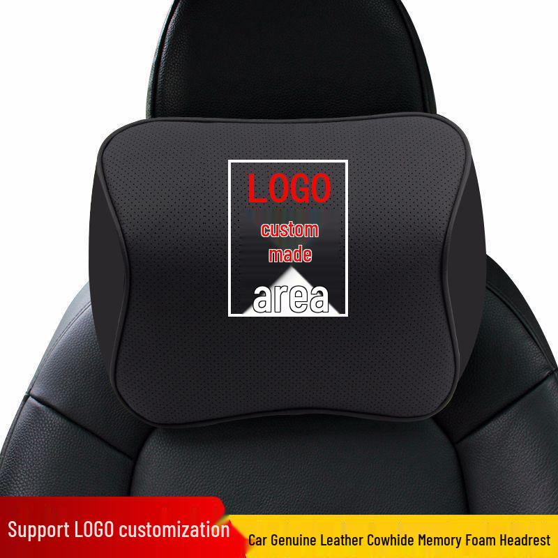 Lincoln Car Leather Neck Pillow & Lumbar Support - Customizable Logo, Memory Foam.