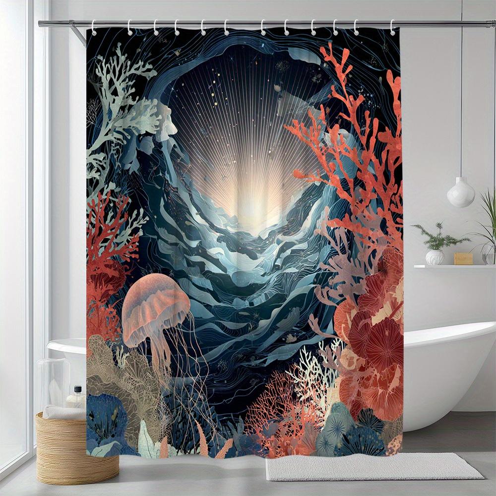 1Pc Ocean Scenery Shower Curtain, Vibrant Underwater World Theme With Jellyfish And Coral Pattern, Polyester Fabric, Includes