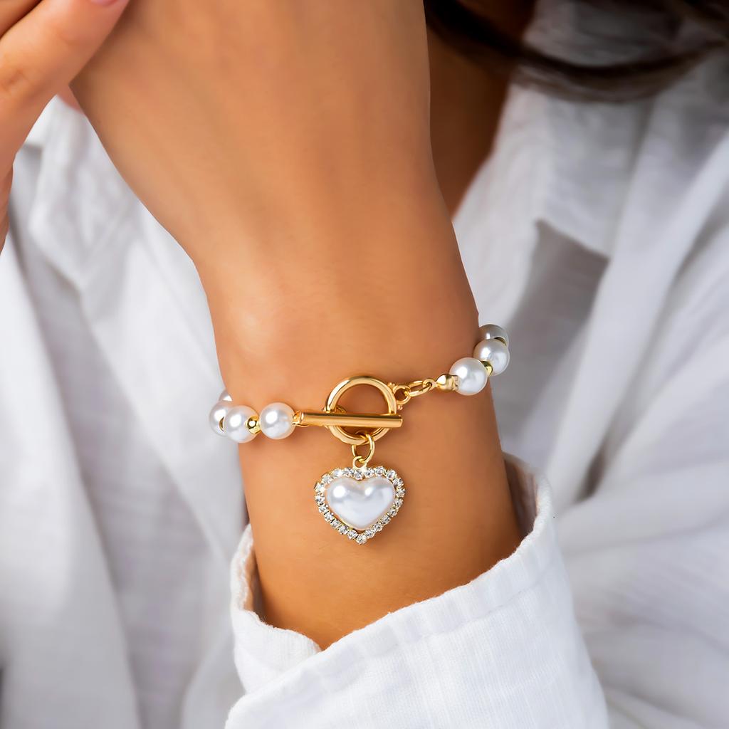 Sweet And Cool Multi-Portrait Imitation Pearl Bracelet Set, Personalized Cross Chain Jewelry For Women