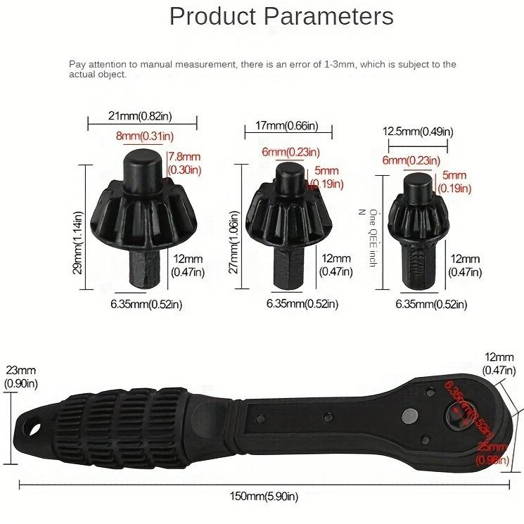 Iron Drill Chuck Wrench, Interchangeable Head Key, Quick Ratchet with 3 Gears, Forward and Reverse Rotation, Anti-Slip Handle for Easy Operation
