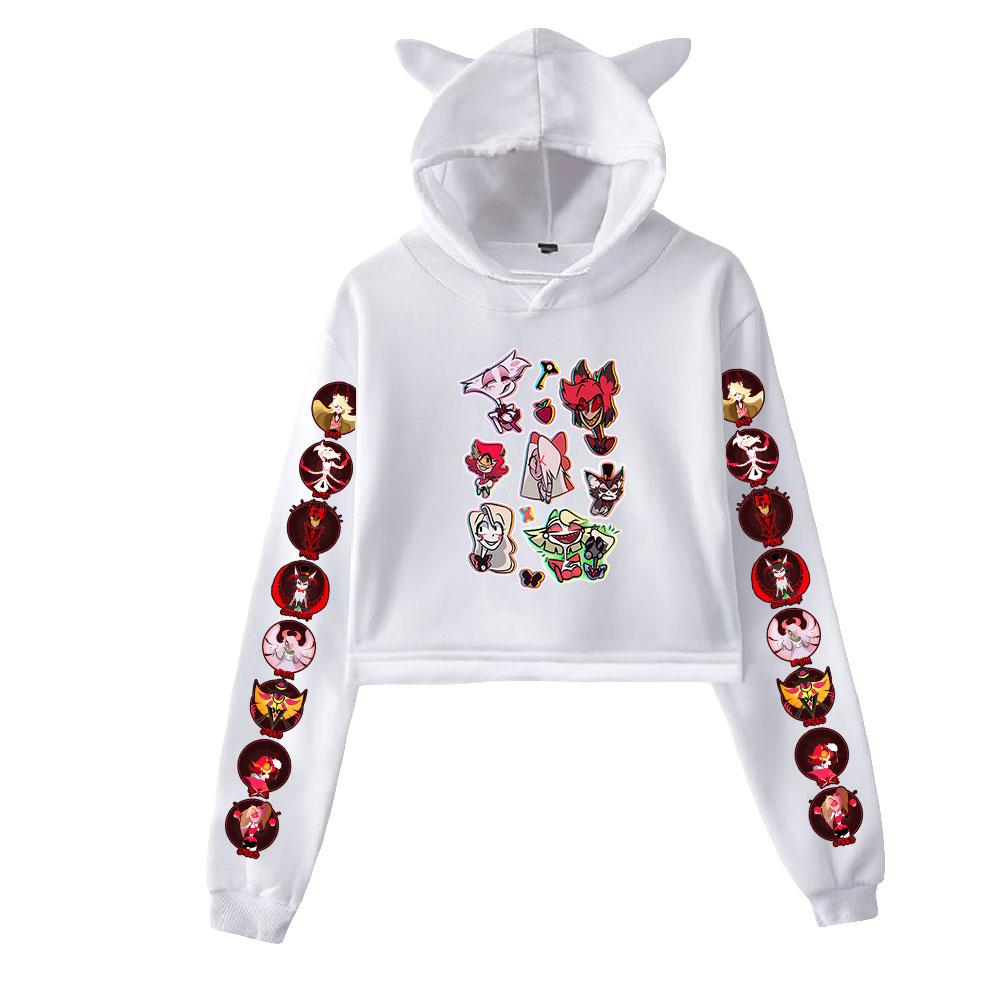 Spring Autumn Cropped Sweatshirts Women Casual Hazbin Hotel Print Long Sleeve Hoodies Pullover Shirt Hooded Sweatshirt Tops