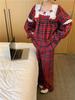 Women's Red Plaid Lace-Trim Pajamas - Long Sleeve, Square Neck, Loose Fit