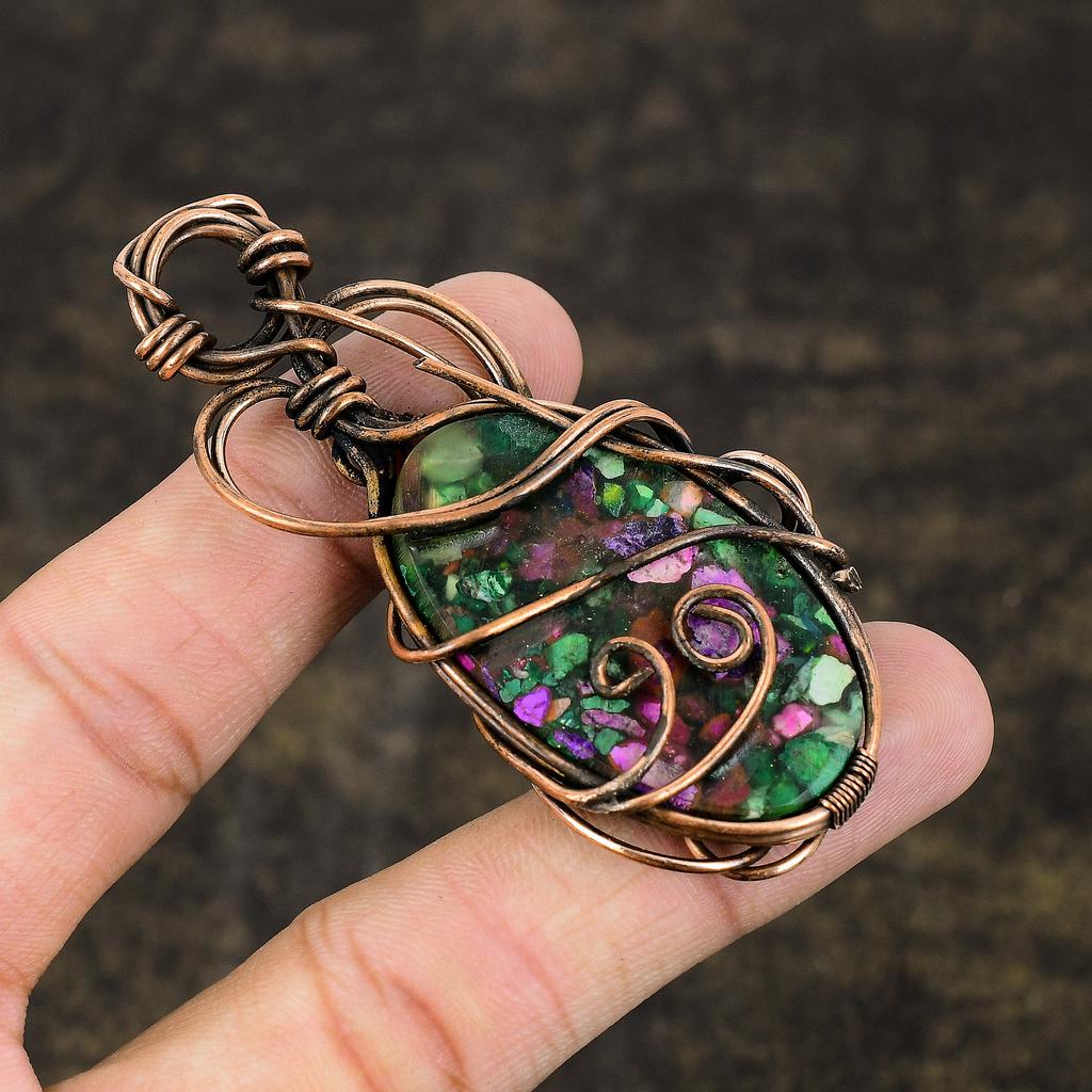 Natürlicher Spiny Oyster Edelstein Handgemachter Kupferdraht Wickelanhänger 2,99" L9u67