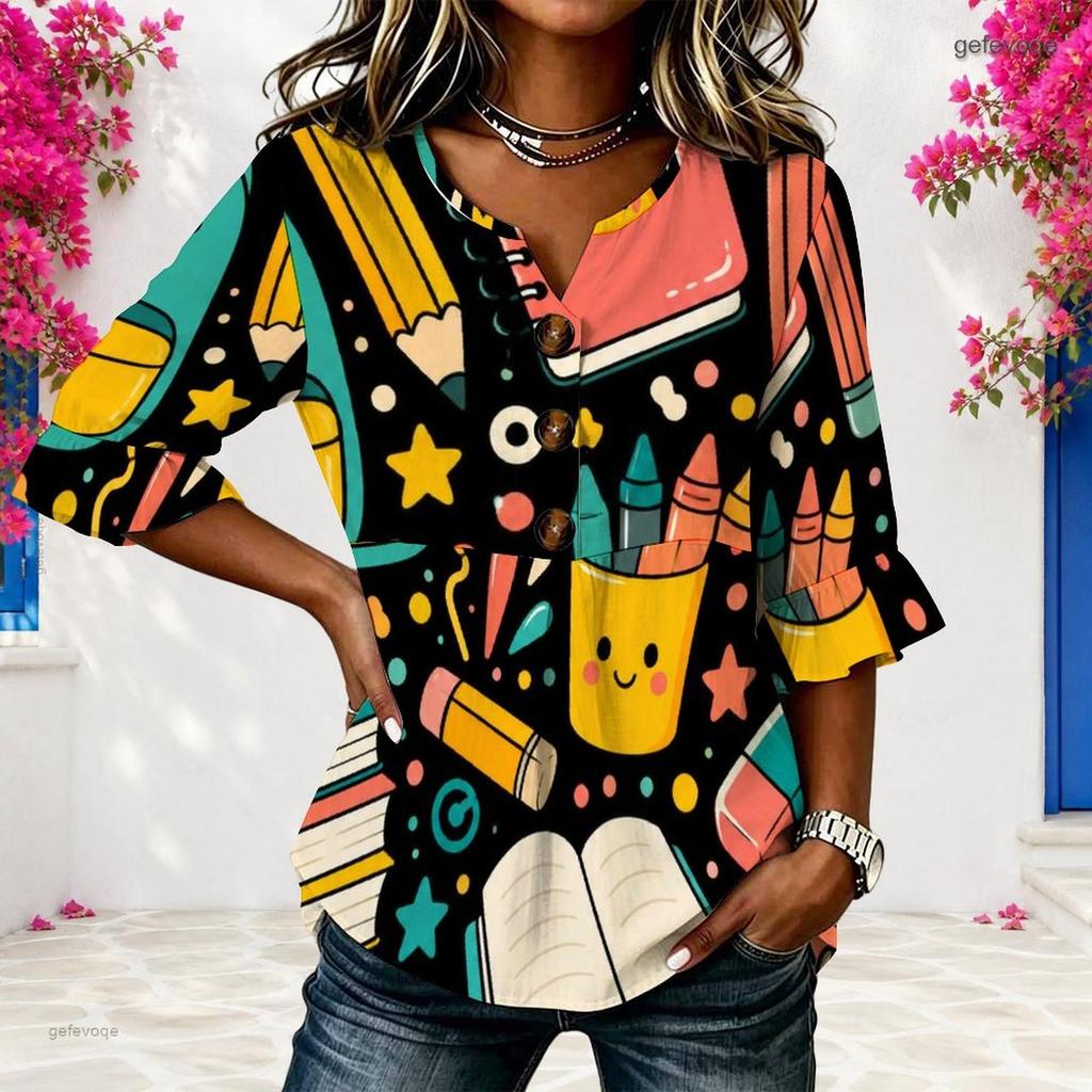 Womens Plus Size V Round Neck Mid Sleeve Front Button Chic Casual Loose Comfortable Weekend Ladies Blouse