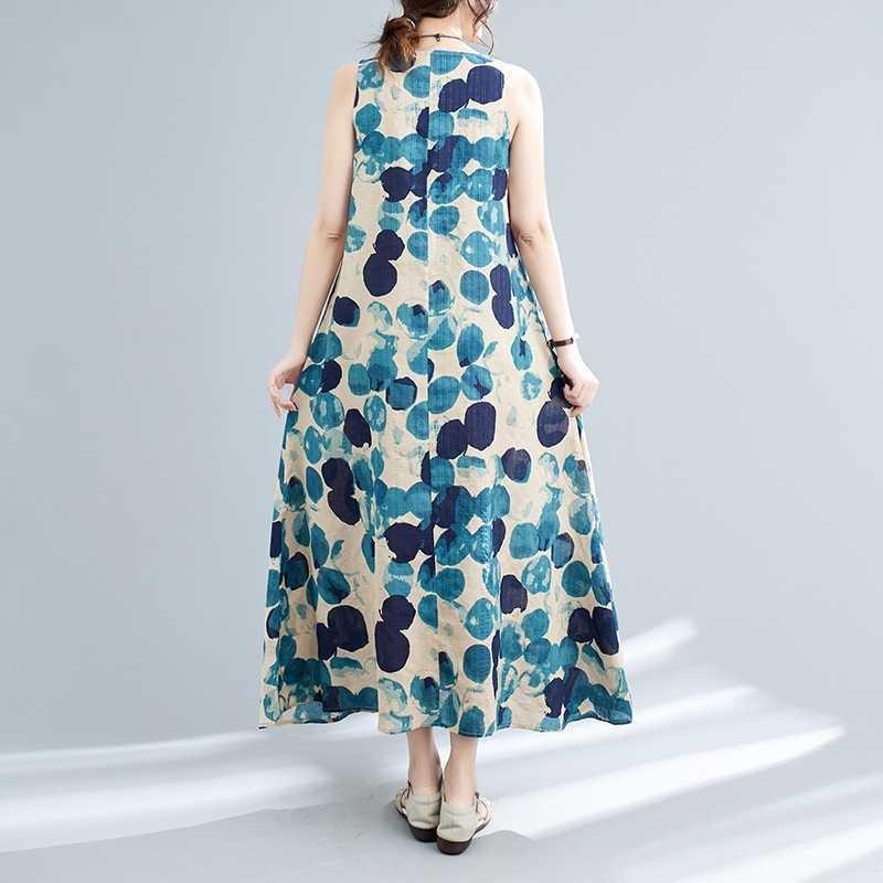 Long Skirt Summer New Sleeveless Round Neck Printed Mid Length Dress