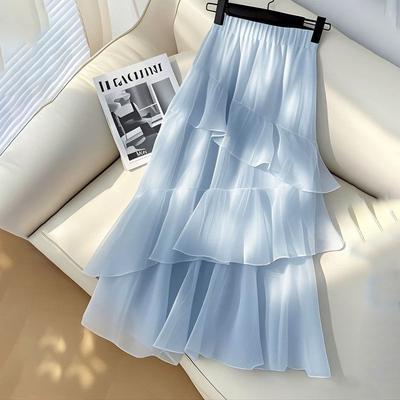 Falda de Mujer Única Hermosa de Capas Elegante Cintura Alta Chifón Azul Línea A Media Falda