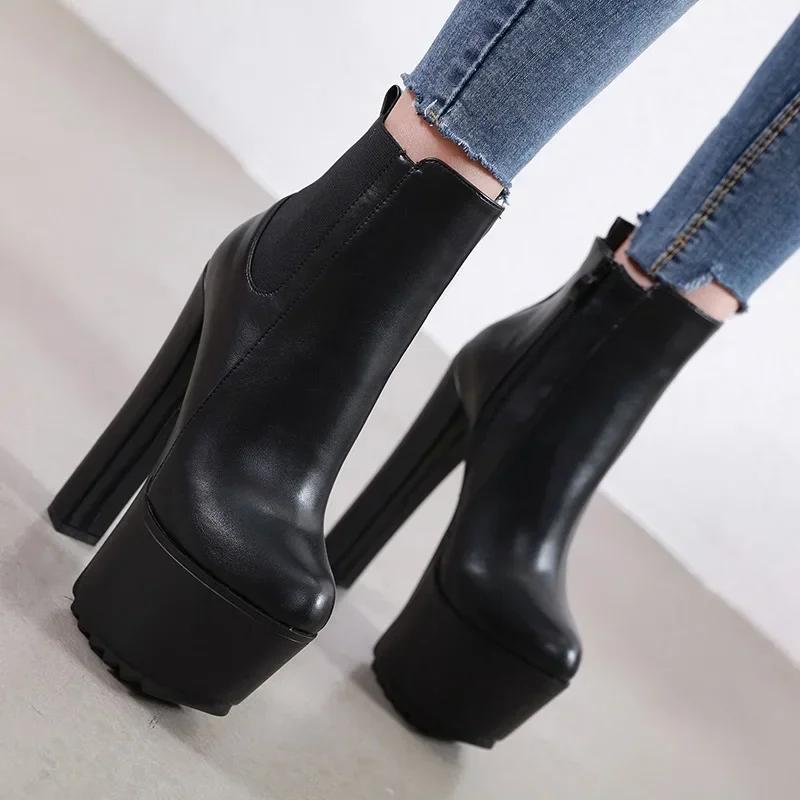 16CM Tykke Høyhælte Sko Dame Plattform Elastisk Bånd Glidelås i Siden Chelsea Støvletter Svarte Ankelstøvletter Zapatos Para Mujeres