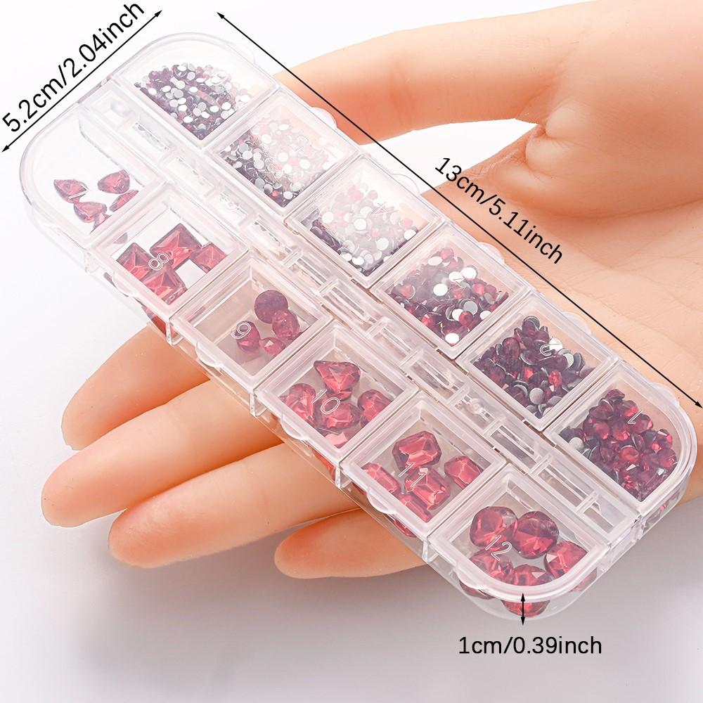 12Grid 3D Mutil-Shapes Shiny Red Diamond Nail Rhinestones SS6-SS16 Round Crystals Nail Gems Luxury Glass Nail Art Gems Decor Y5#