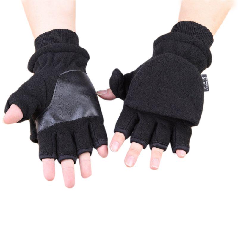 Women Men Winter Polar Fleece Half Finger Flip Gloves Double Layer Thicken Touch Screen Fingerless Convertible Mittens
