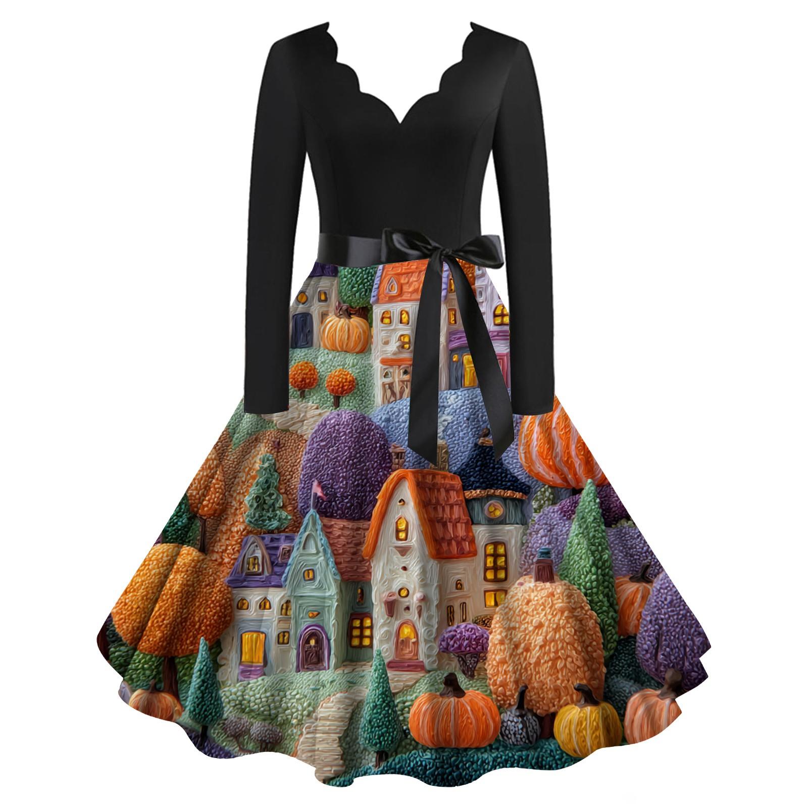 

Расклешенное платье с принтом Хэллоуина для женщин Платье с длинным рукавом Повседневные платья S