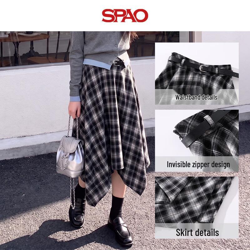 SPAO Korean Style High-Waisted Plaid A-Line Midi Skirt