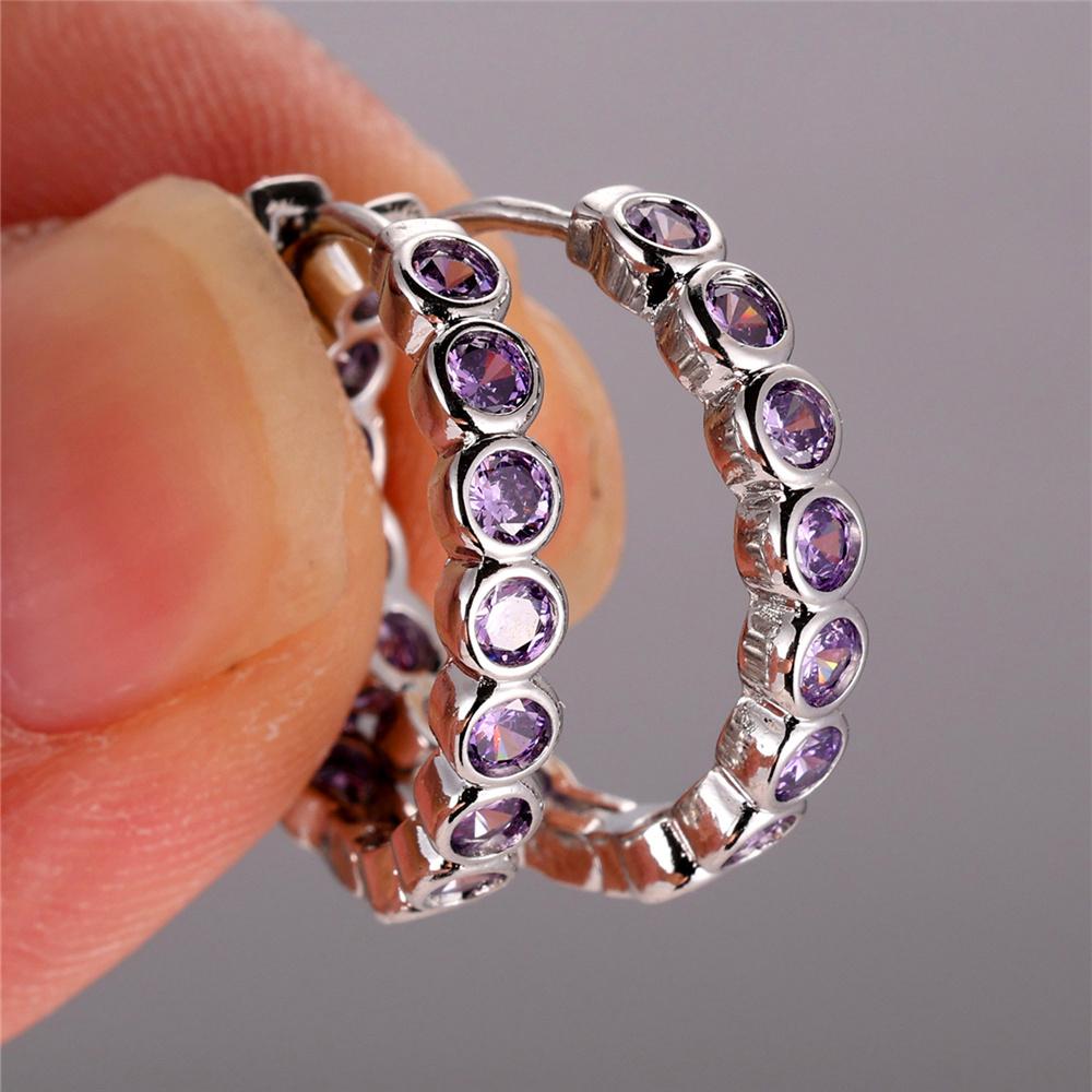 Kristall Grün Blau Schwarz Lila Runde Zirkonstein Creolen für Damen Weiblich Silberfarbe Hochzeits Schmuck