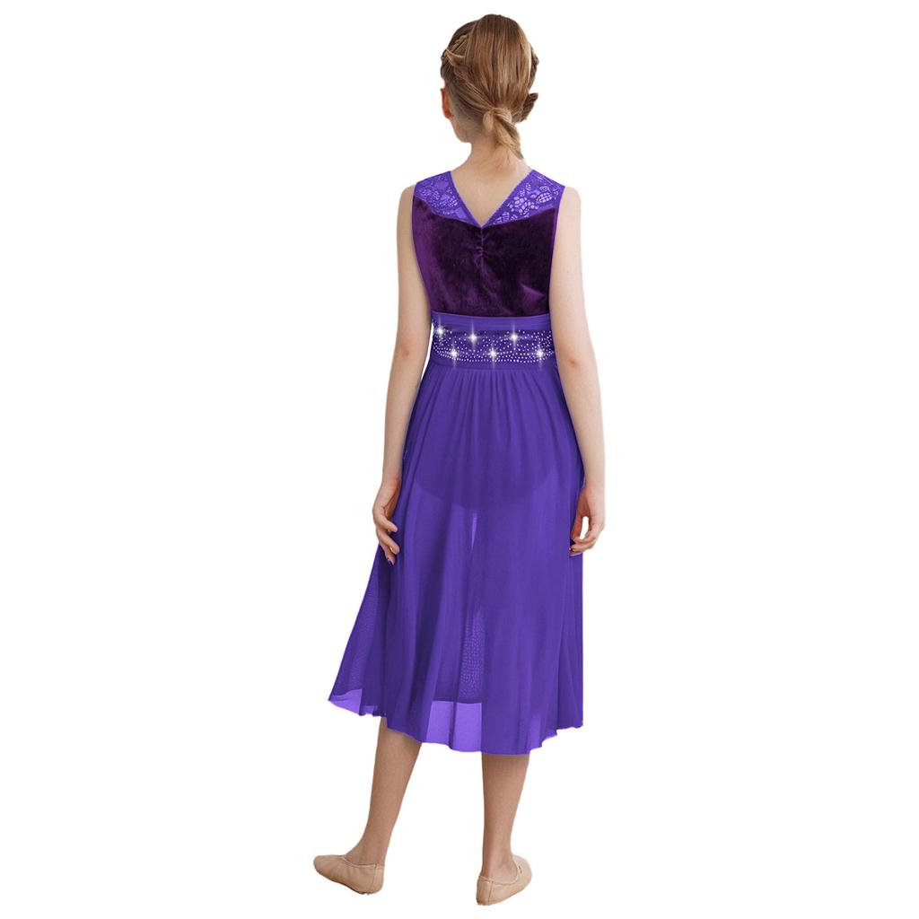 Lyrisches Tanzkleid für Mädchen: Funkelnde Strasssteine auf Spitzen-Patchwork & Raffinierte Netz-Überlagerung mit elegantem asymmetrischem Saum