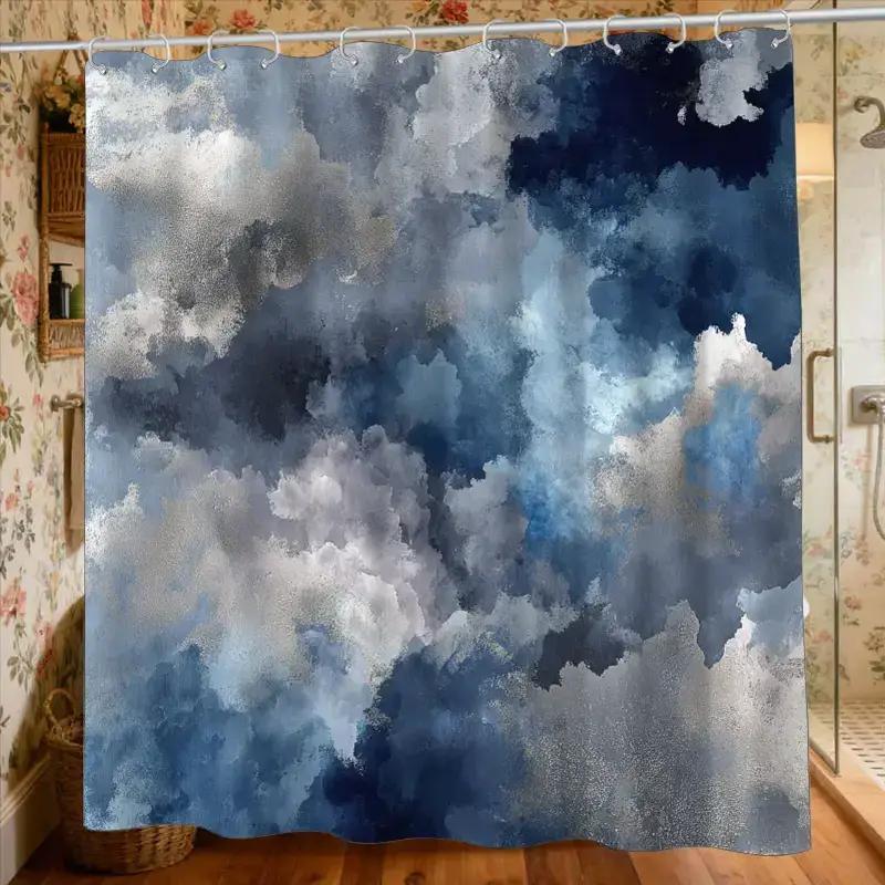 

Bstract Cloudscape Shower Curtain – Watercolor Indigo & Gray Textured Sky, 12 Hooks, 70.87×70.87 Waterproof Calming Bath Decor W60H190(CM)-1 Pcs